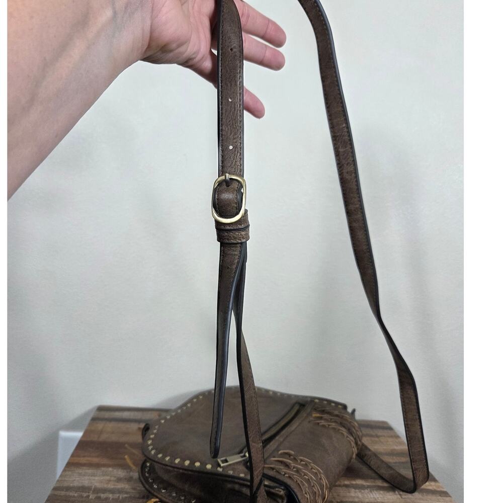 Antik Kraft Brown Faux Leather Gold Studded Crossbody Saddle Bag Western - Picture 13 of 13